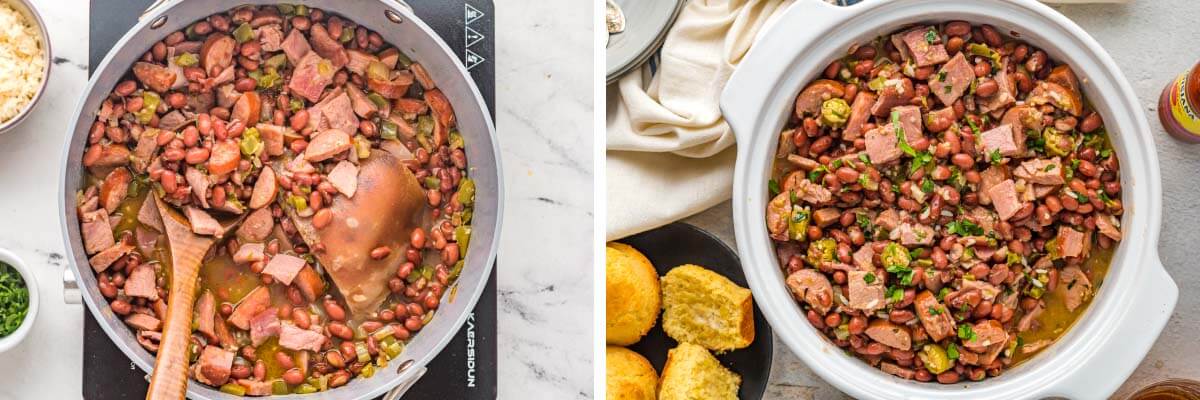 stirred beans and meat in pan, finished beans and sausage