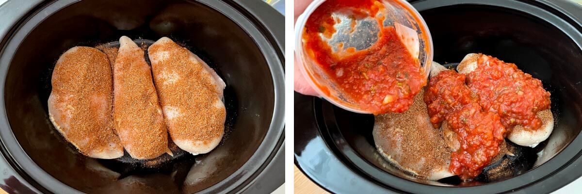 chicken in crock with spices, pouring salsa on chicken