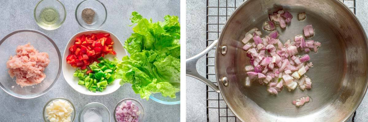 lettuce wraps ingredients, onion cooking in pan