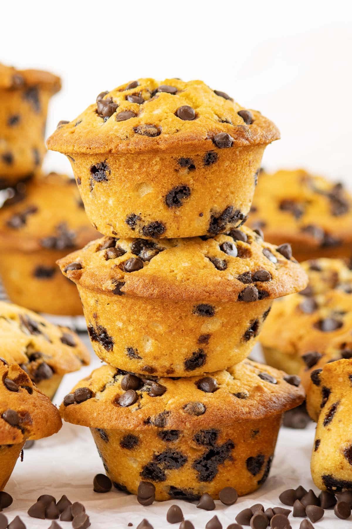 Chocolate Chip Muffins in a stack of 3