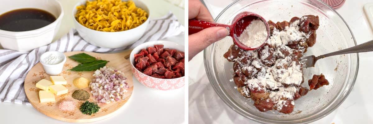 ingredients shot, flour on beef cubes in bowl