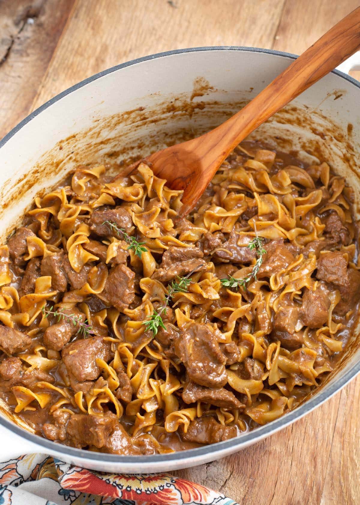 Beef and Noodles in a white oval pot