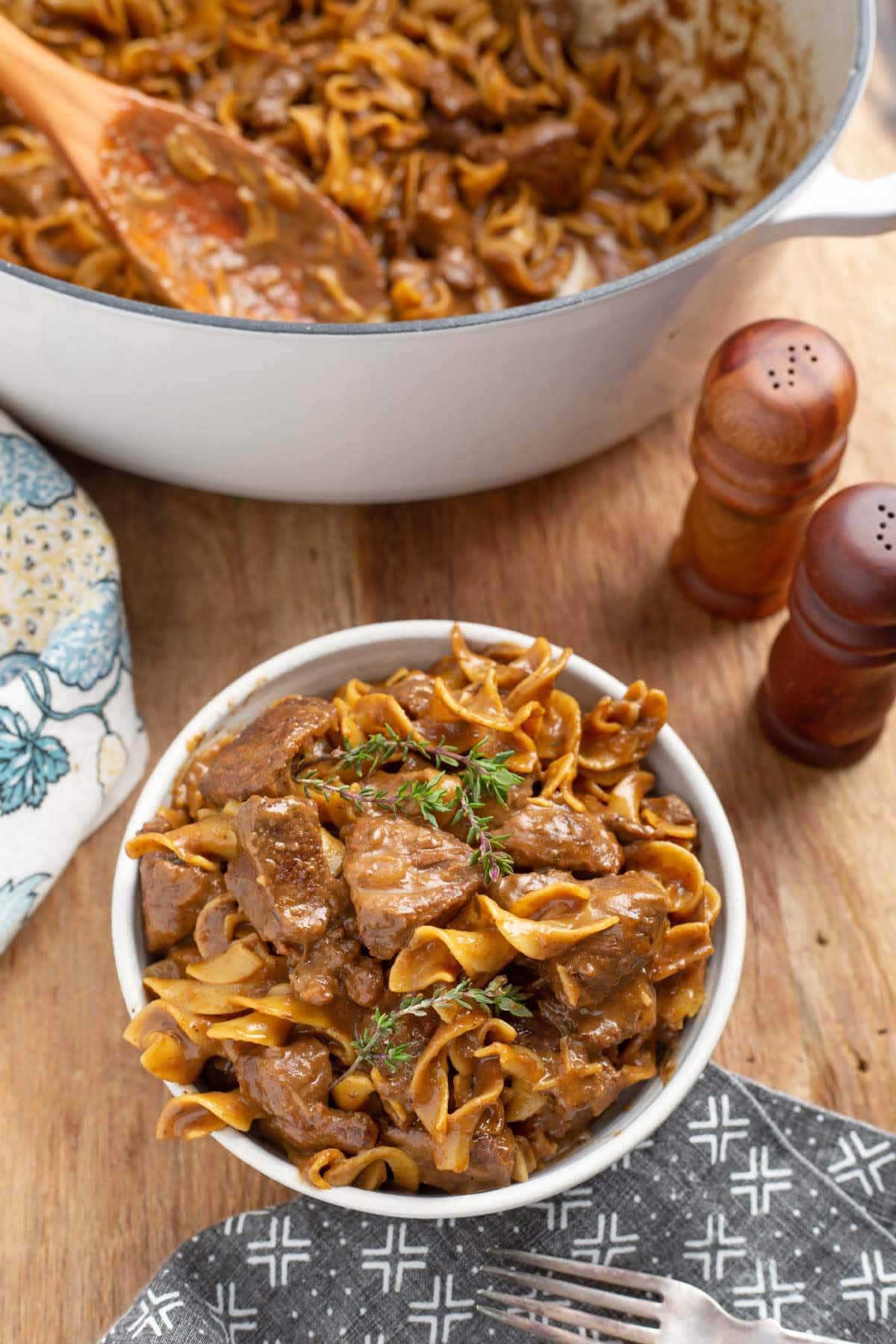 Beef and Noodles in bowl and in pot 