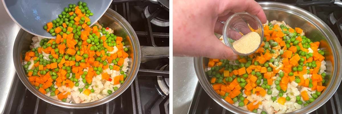 potatoes and veggies in pan, adding seasoning