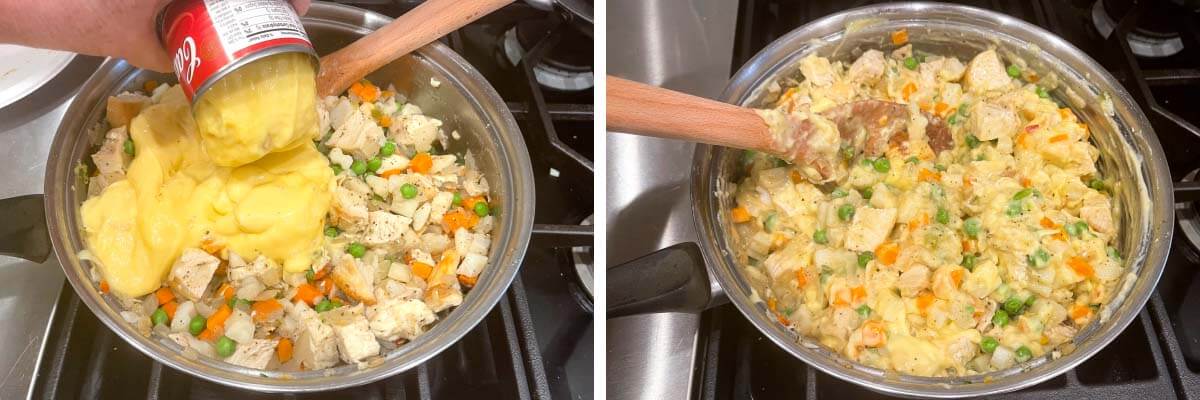 adding soup to pan, stirring mixture