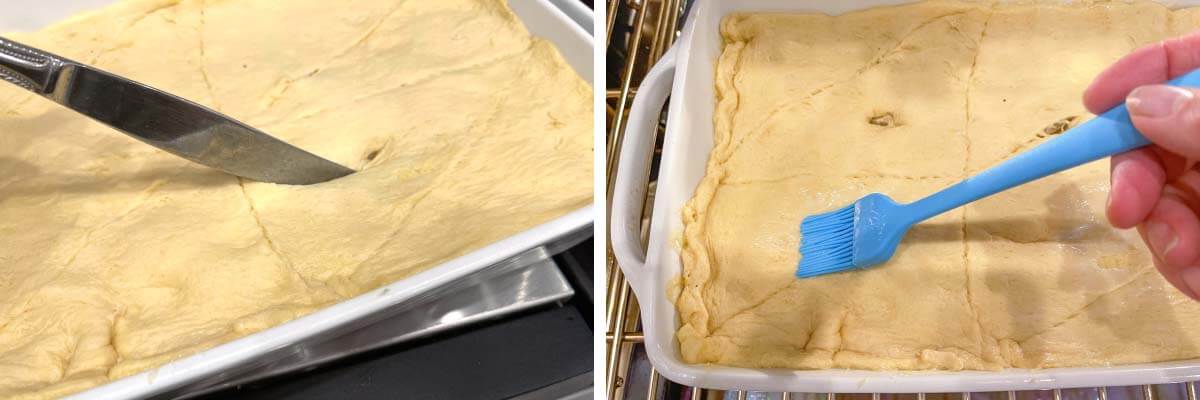 cutting slit in dough, brushing crust with milk