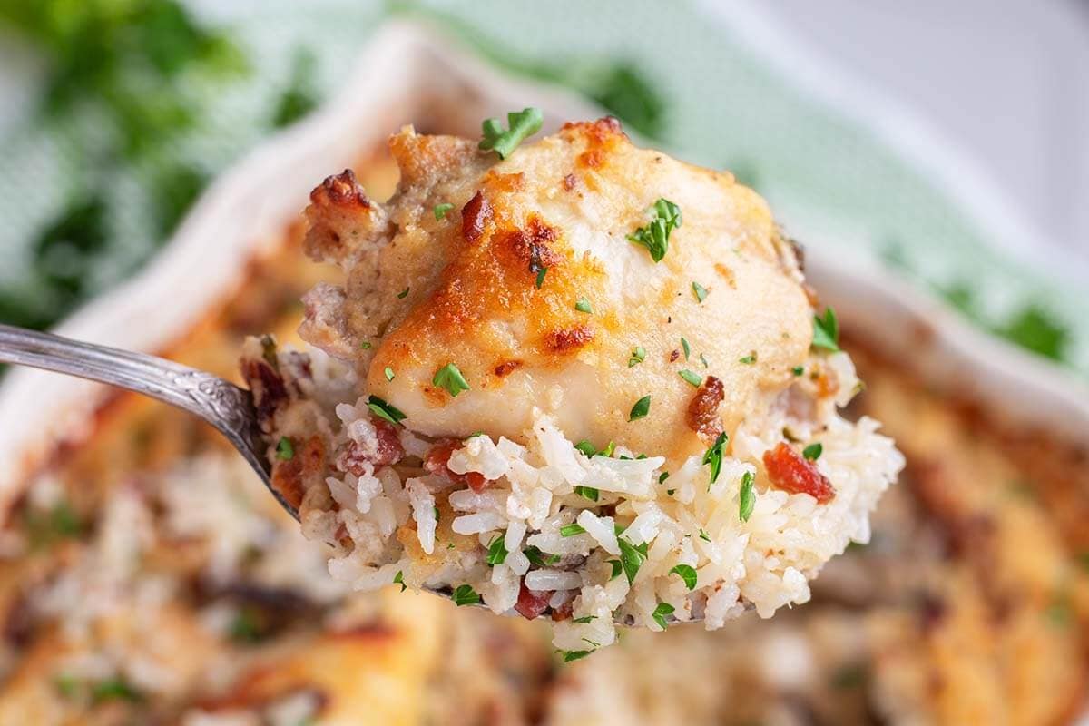 chicken and rice on a spoon