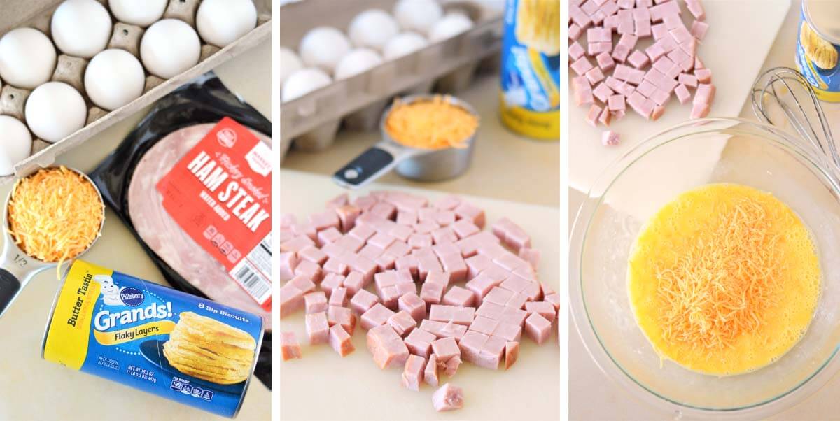 ingredients gathered, ham diced, eggs and cheese in bowl