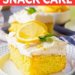 Slice of Lemon Snack Cake on white plate