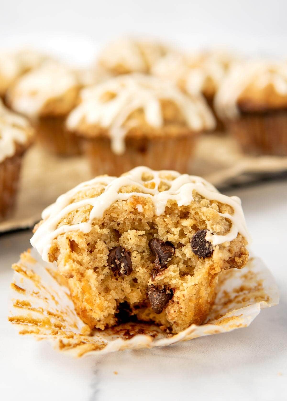 Oatmeal Chocolate Chip Muffin with a bite out of it