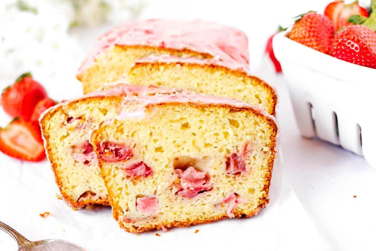 Strawberry Loaf Cake partially sliced