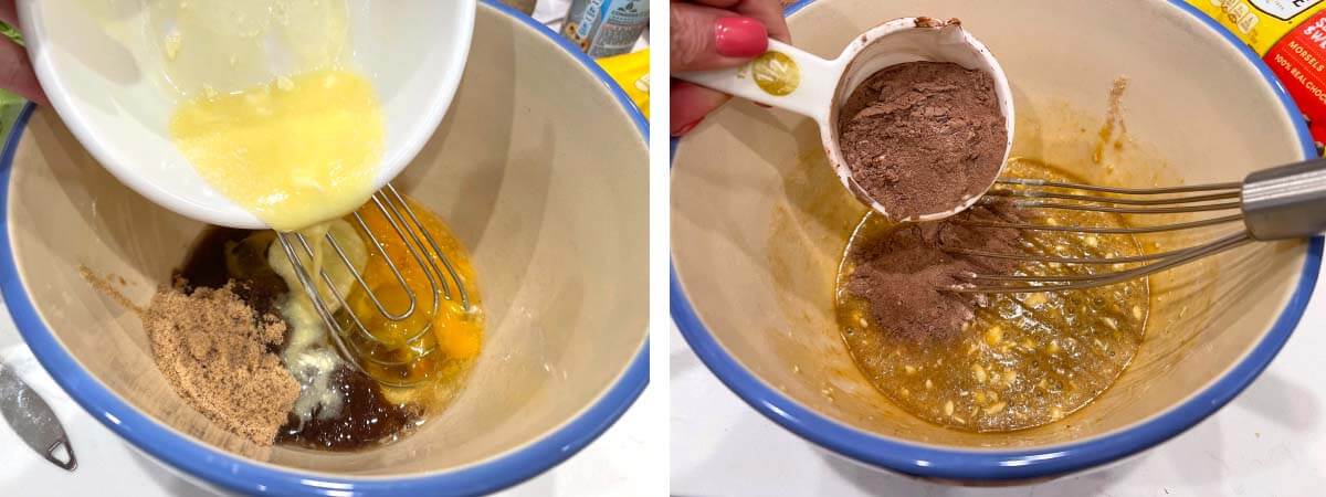adding butter to bowl, adding dry ingredients to wet