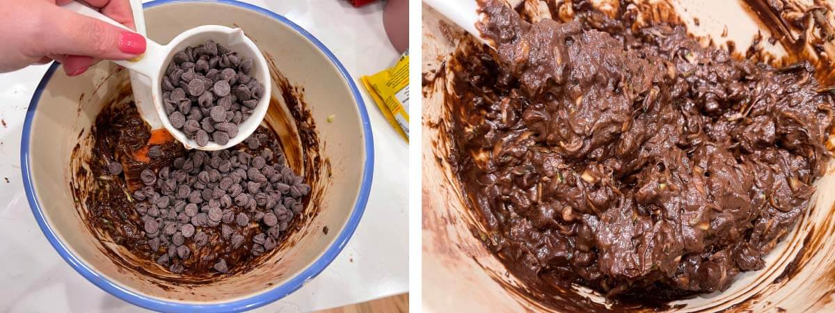 adding chocolate chips to batter, folding chocolate chips into batter