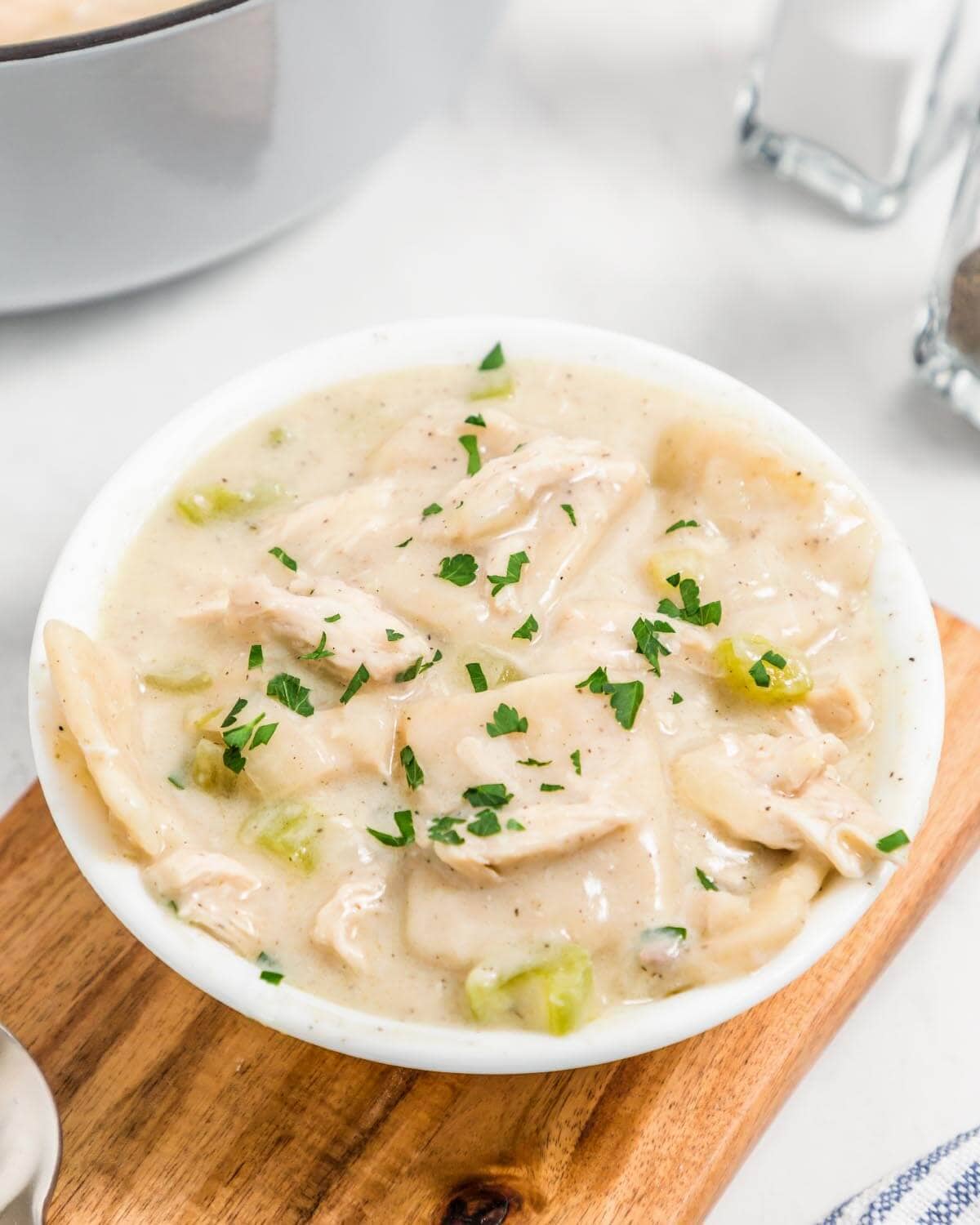 Chicken and Dumplings in a white bowl