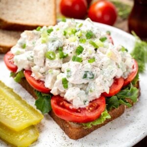 Easy Chicken Salad on bread with tomato slices