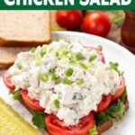 Easy Chicken Salad on bread with lettuce and tomatoes.