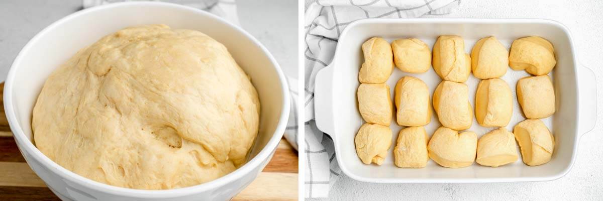 dough in bowl, rolls formed in baking dish