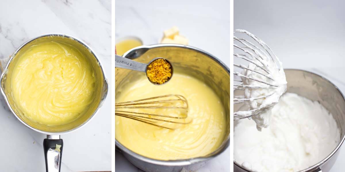 lemon filling in pan, adding zest, meringue whipped.
