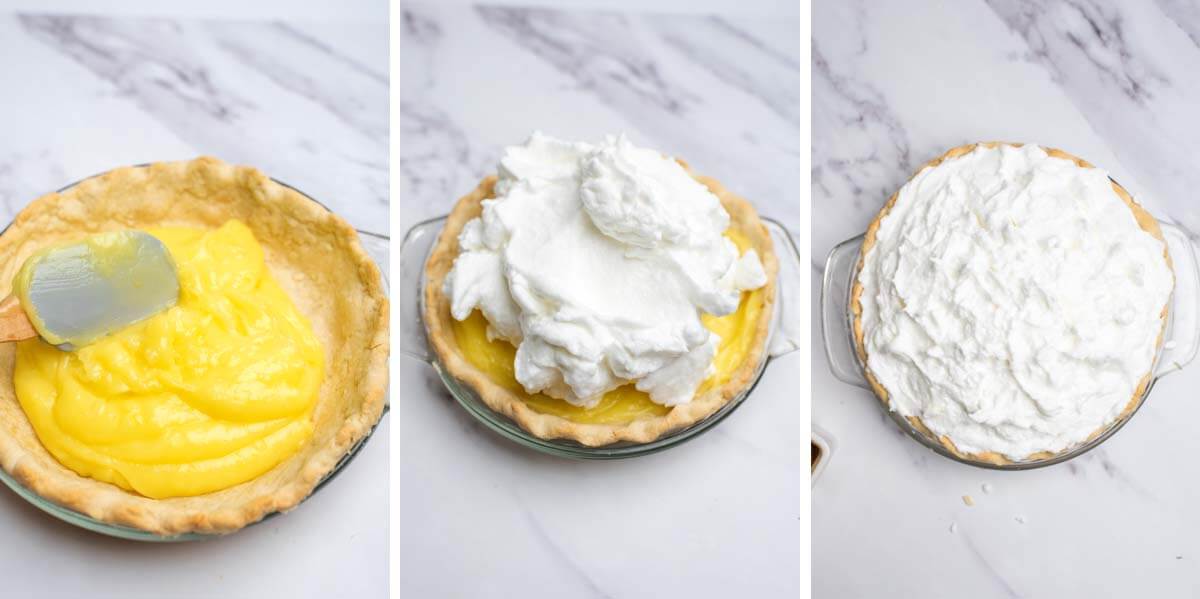 lemon filling in crust, meringue on filling, pie before baking.