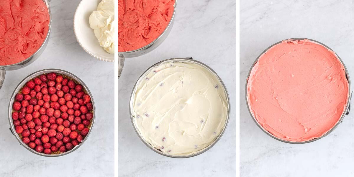 raspberries in pan, cheesecake batter in pan, pink layer on top.