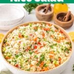 Easy Rice Salad in a white bowl.