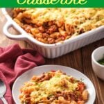 Sloppy Joe Casserole on a plate and in a baking dish.