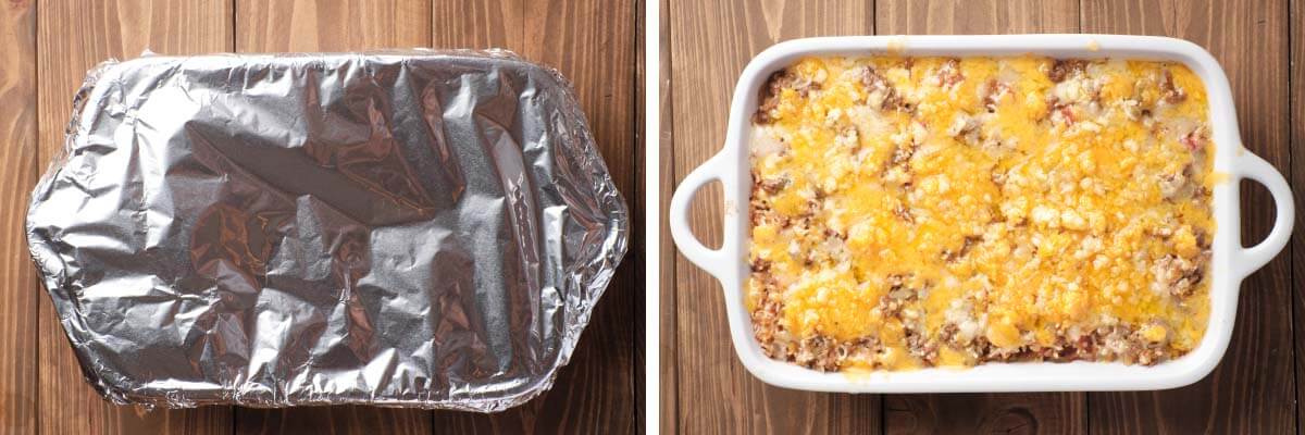 foil covered baking dish. foil removed, cheese added.