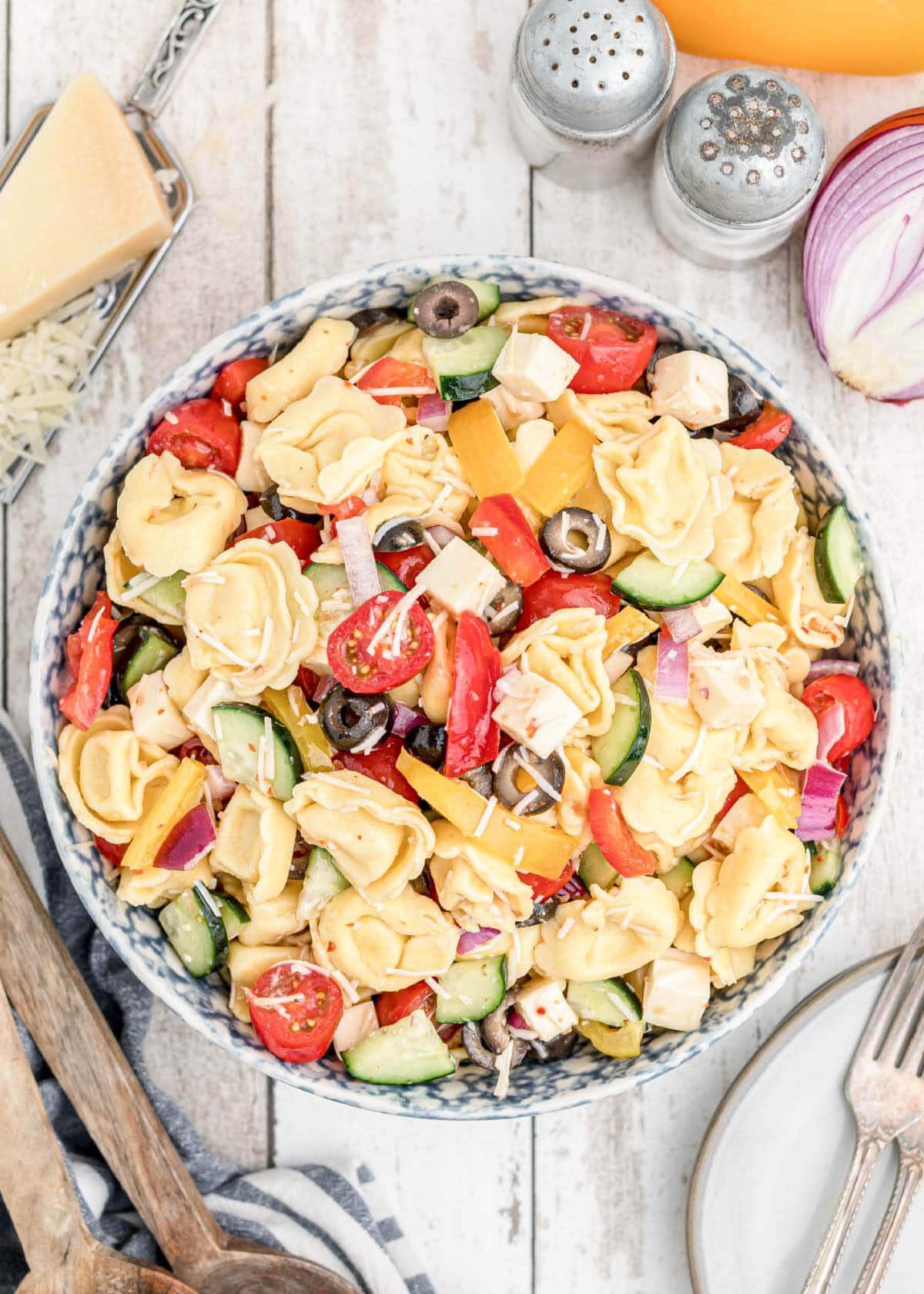 Tortellini Pasta Salad in a bowl from above.