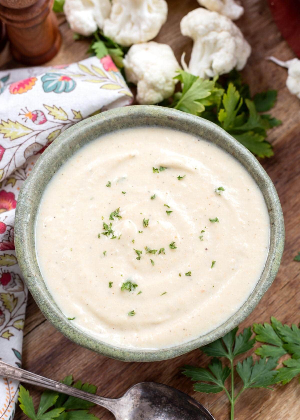 Creamy Cauliflower Soup in a bowl.