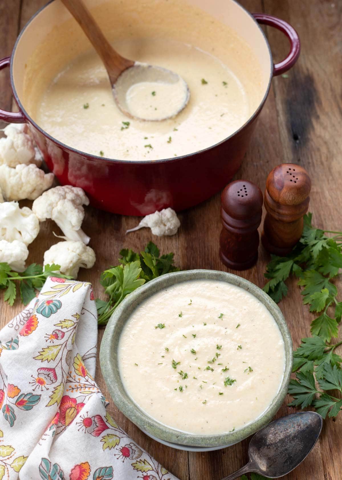 Cauliflower Soup in red pot and in a bowl.