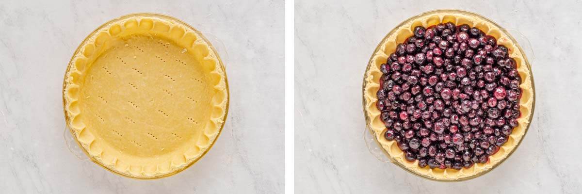 pie crust in pan. blueberry pie filling in crust.