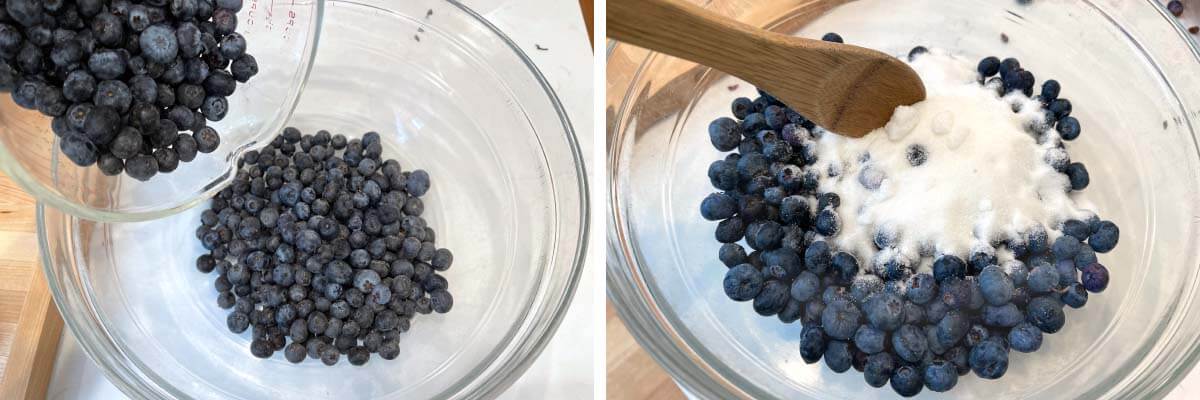 adding blueberries to bowl, mixing sugar with blueberries.