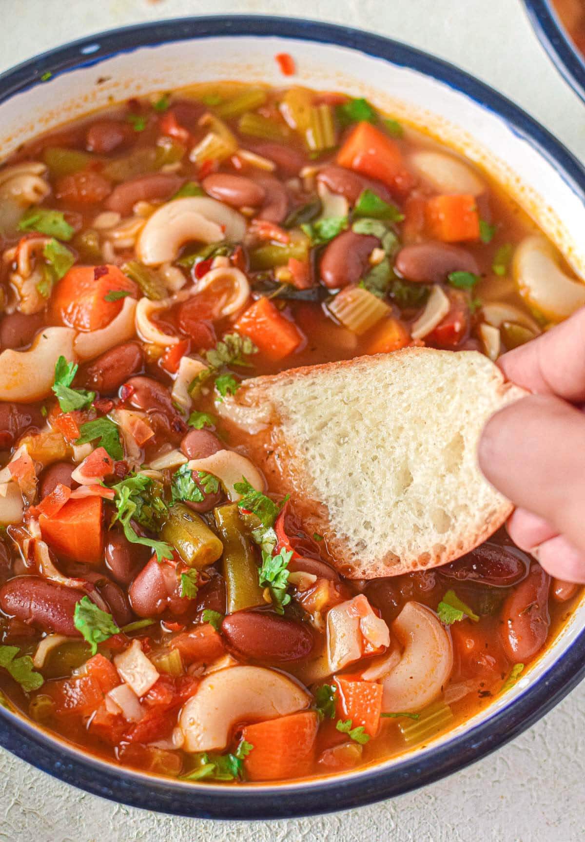 Easy Minestrone Soup in bowl with bread