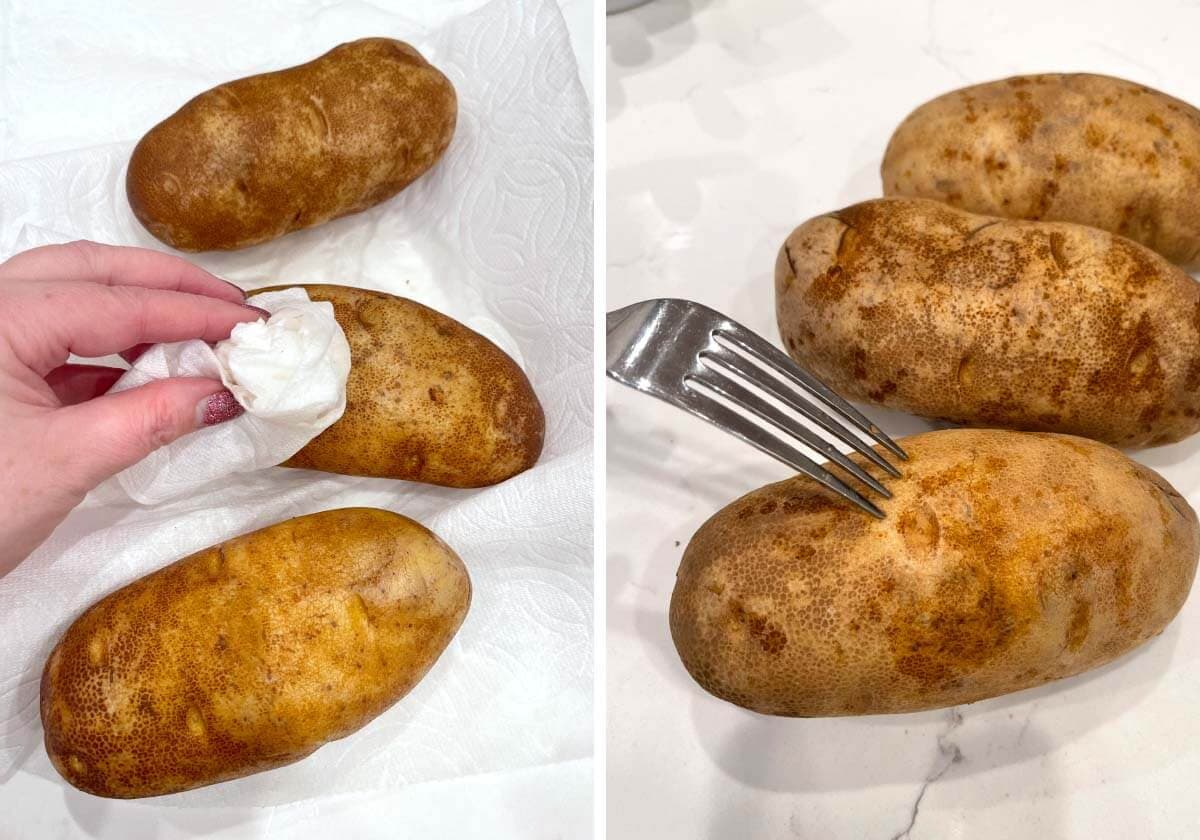 drying potatoes, piercing potato with fork.