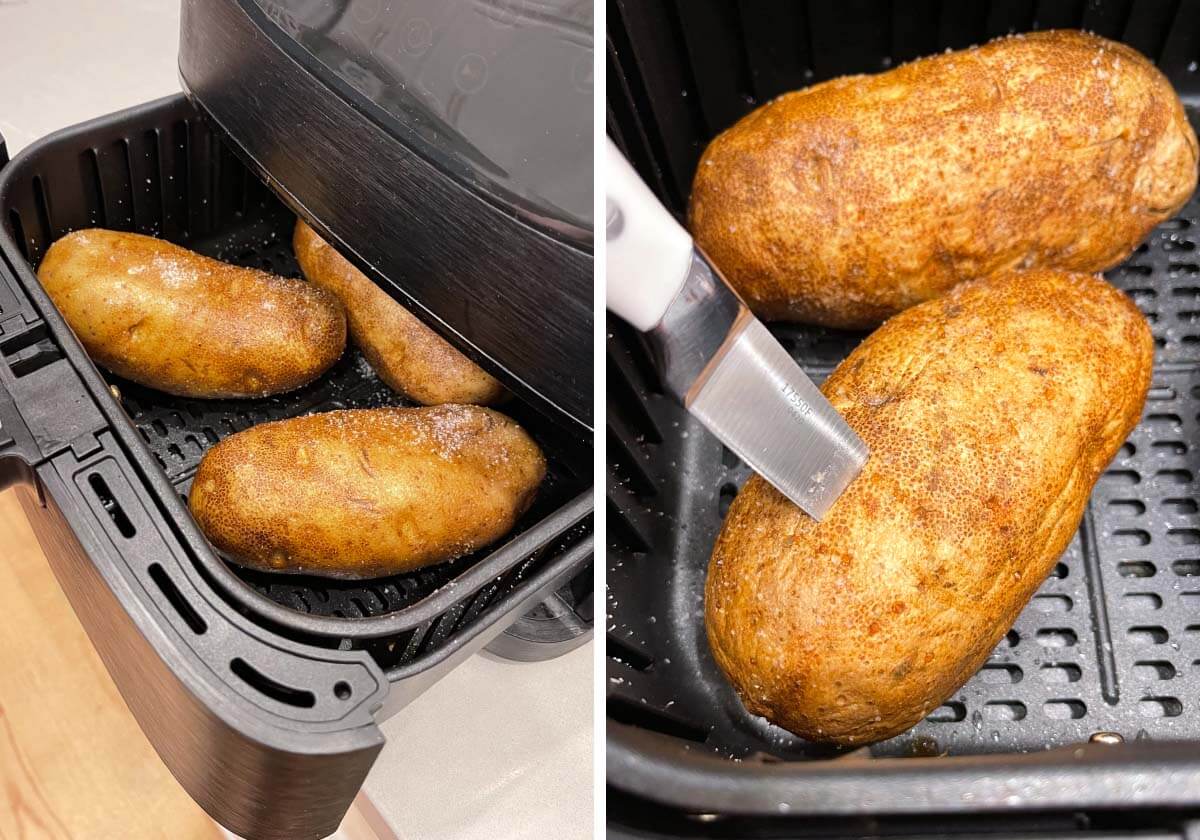 3 potatoes in air fryer basket, piercing cooked potato with knife.