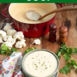 cauliflower soup in red pot and green bowl.