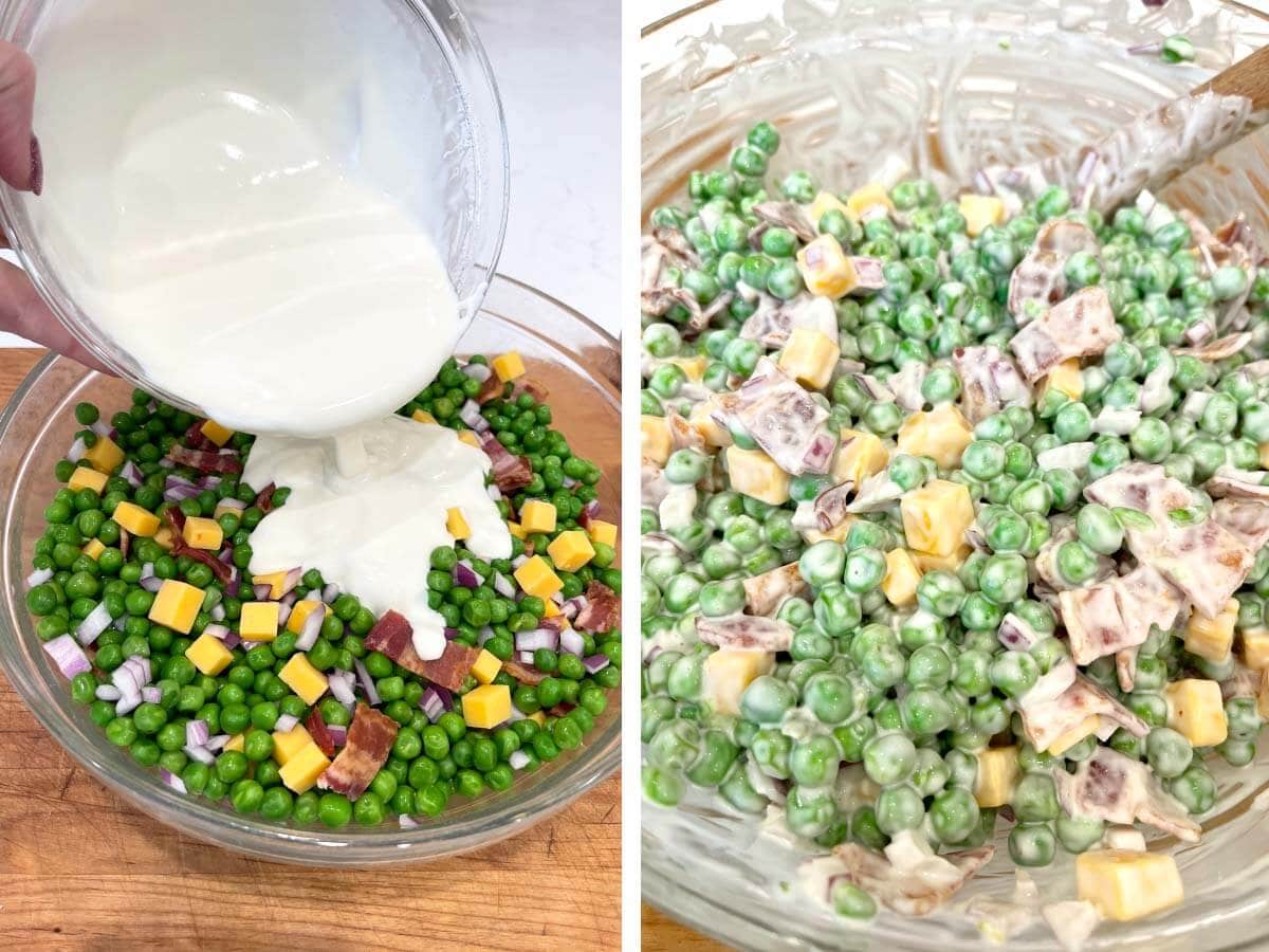 pouring dressing on pea salad, showing mixed.