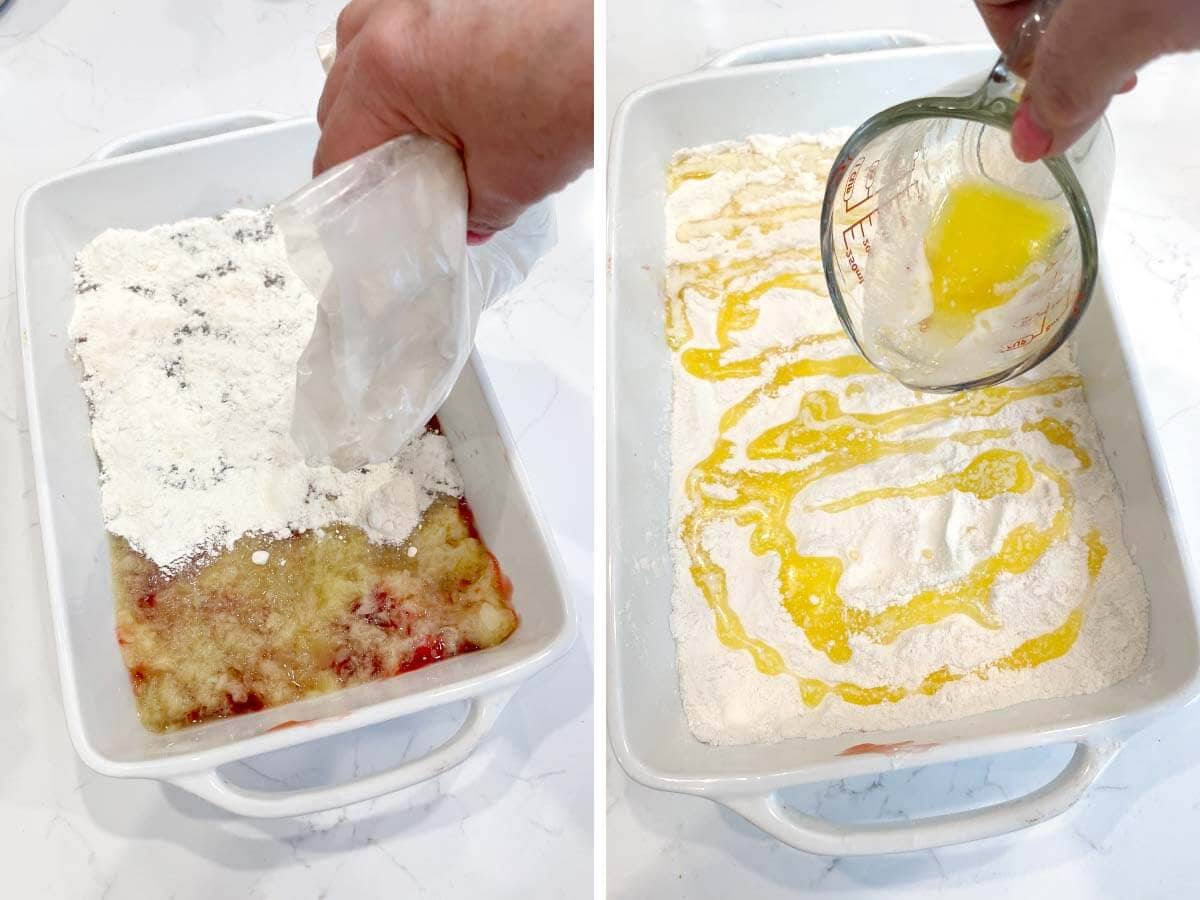 pouring cake mix onto pineapple, pouring butter over cake mix.