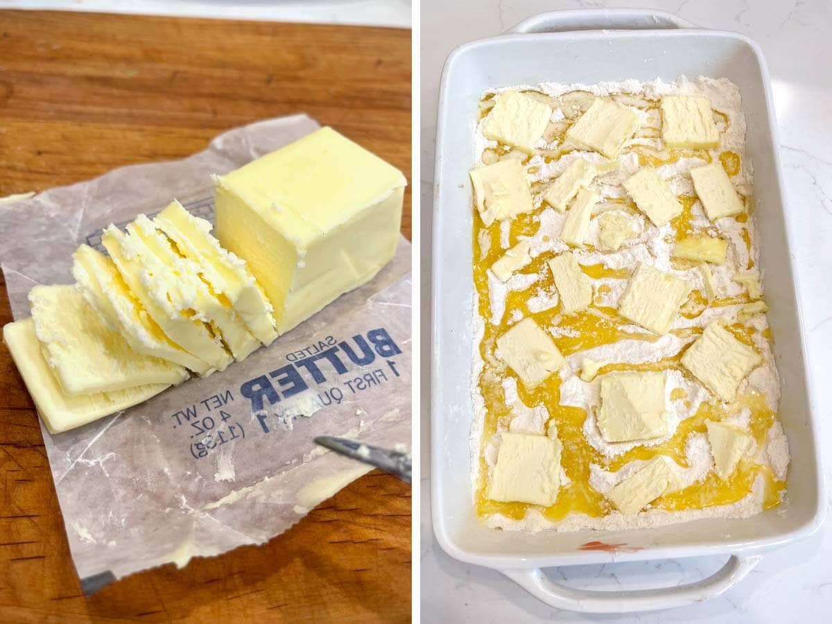 sliced butter, butter pieces on cake batter in baking dish.