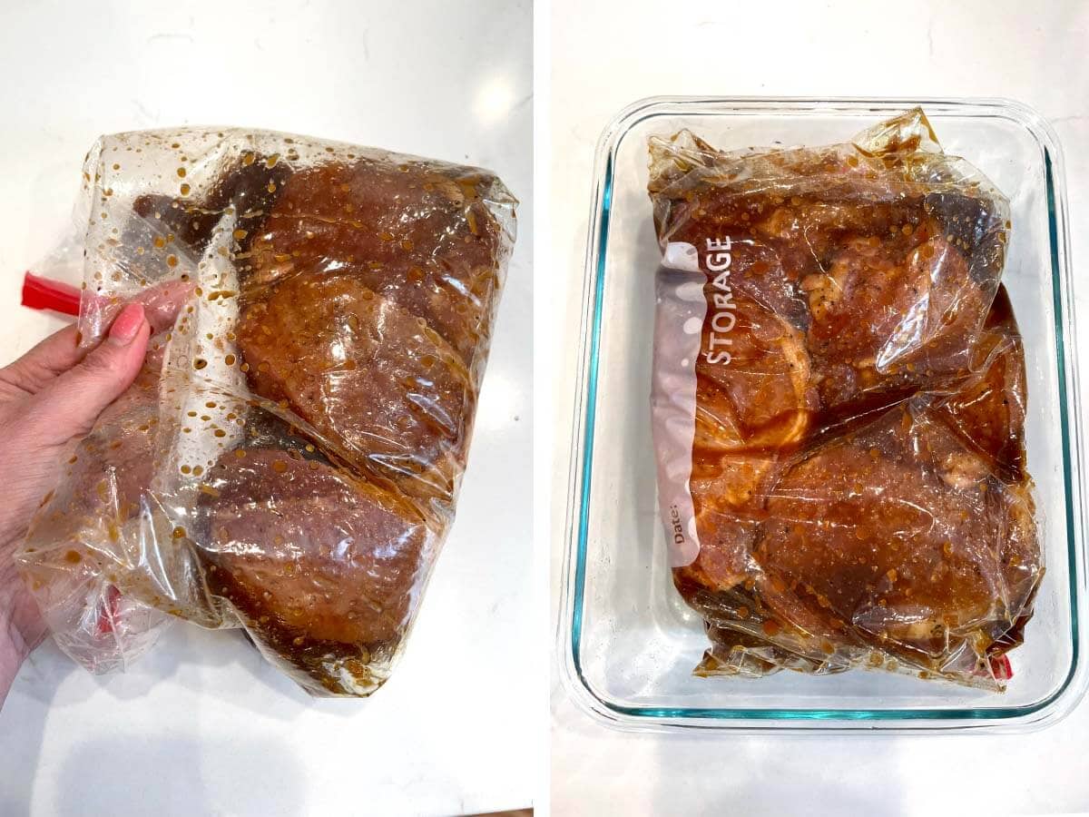 Pork Chops in bag with Marinade, bag in glass dish.