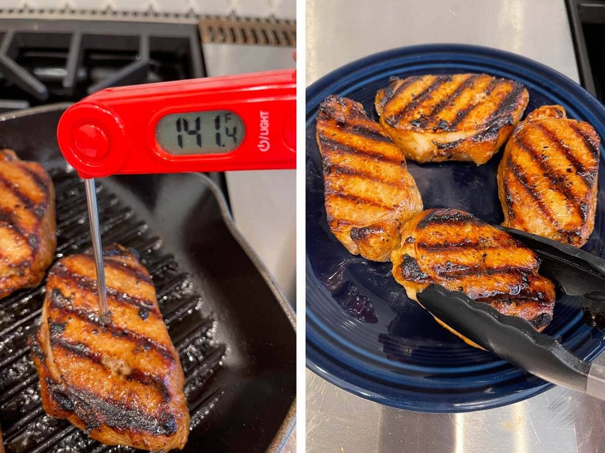 taking temperature of a pork chop with a digital thermometer, Pork Chops on a plate resting.