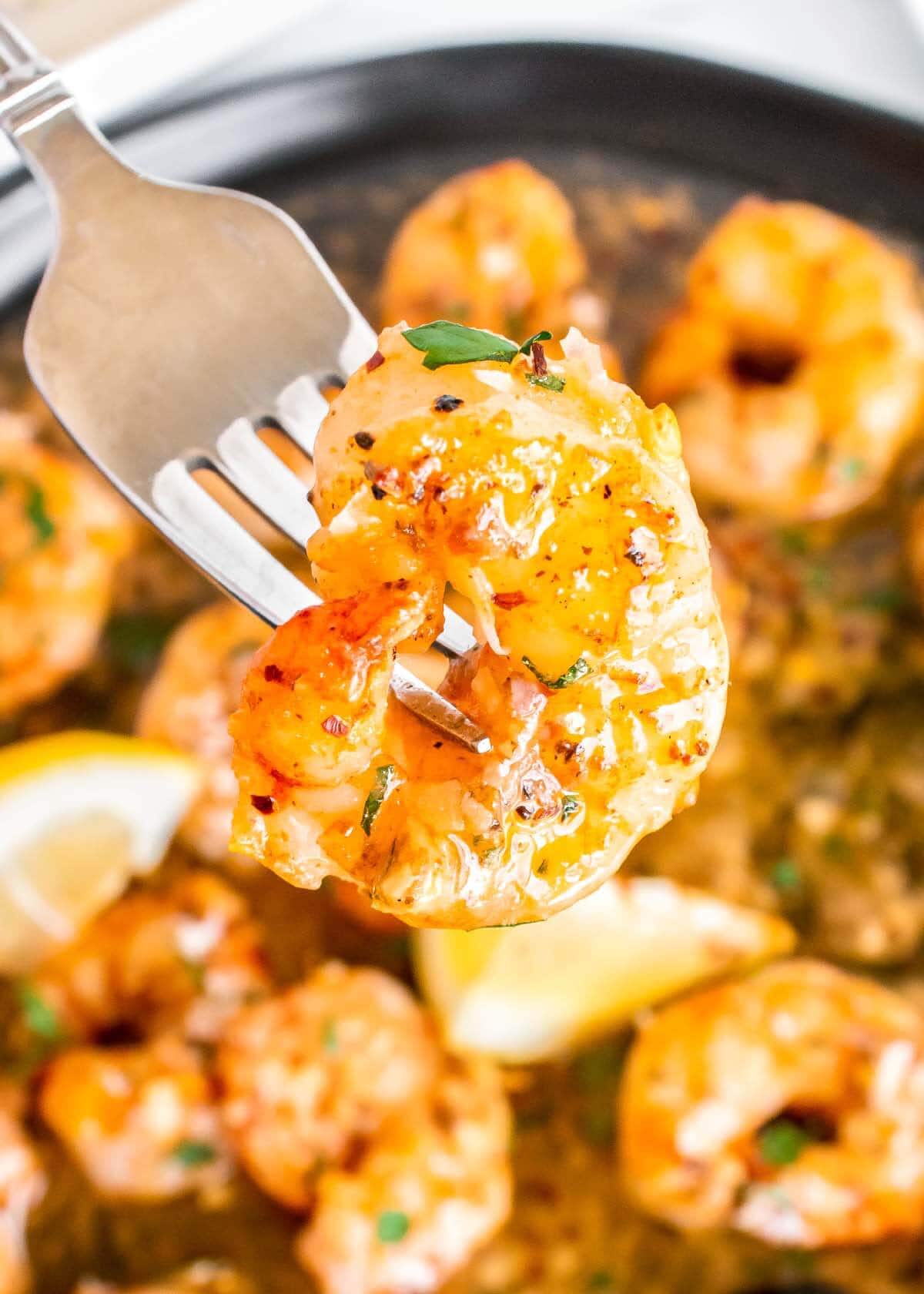 Shrimp Scampi on a fork closeup.