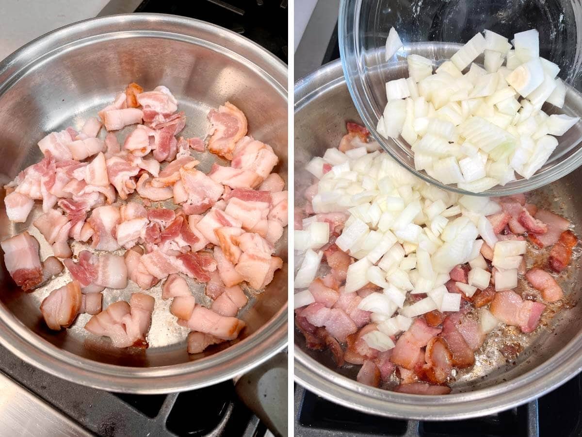 frying bacon, adding onion.