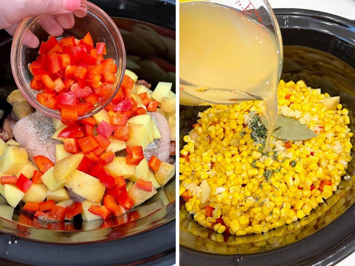 adding potatoes and red peppers, pouring broth over corn.
