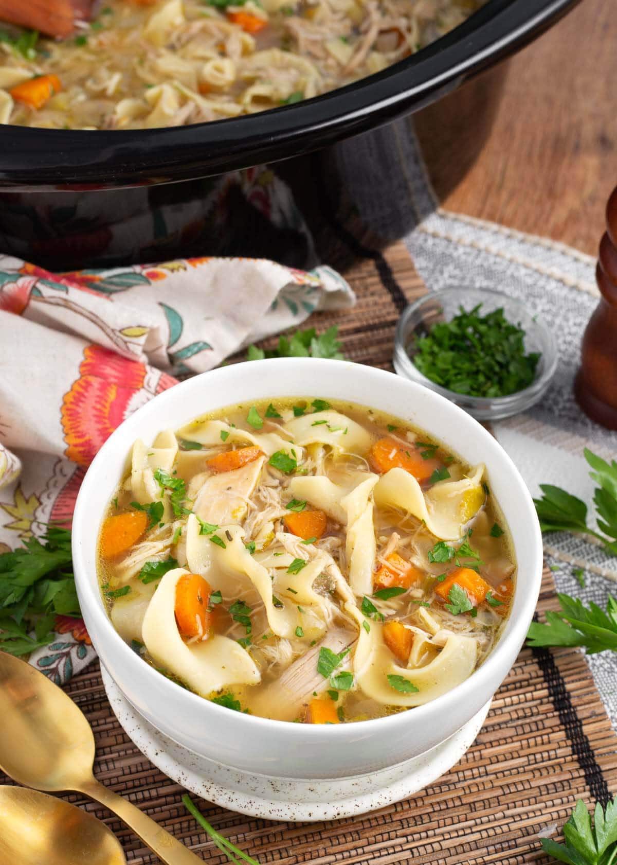 Slow Cooker Chicken Noodle Soup in a white bowl.