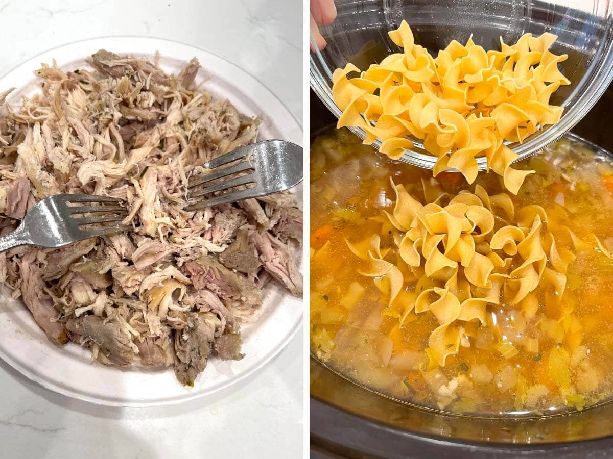 shredding chicken with forks, adding noodles to broth.