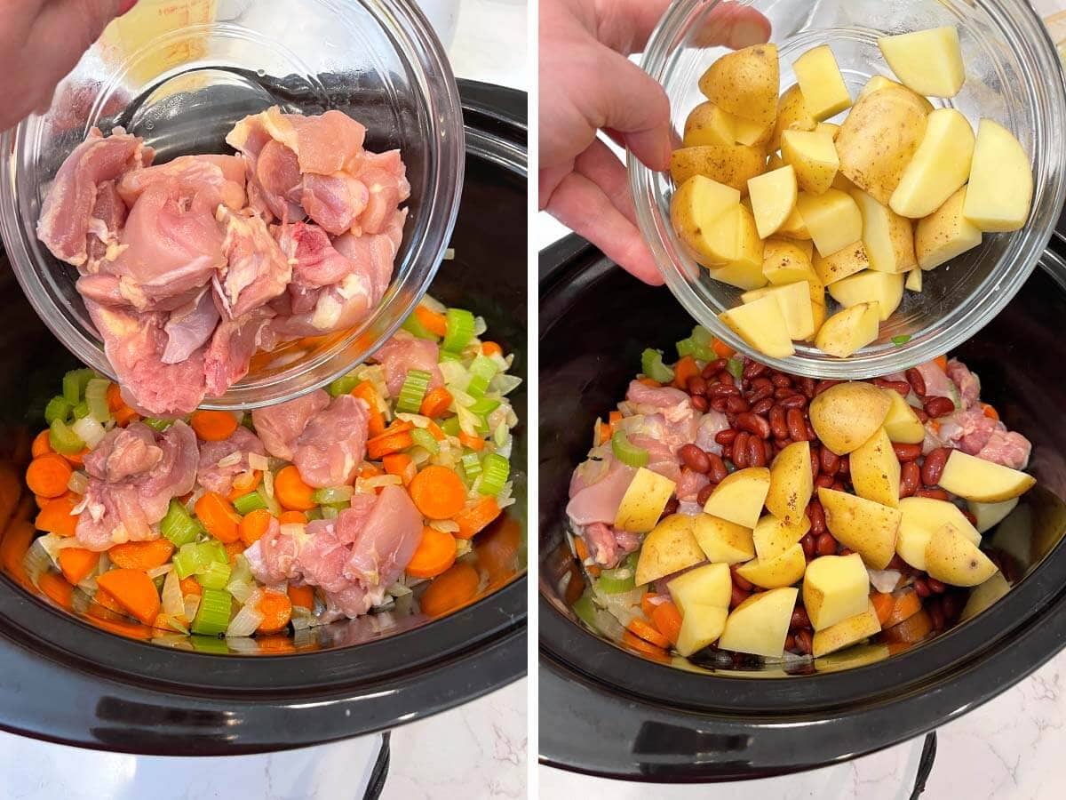 adding meat and potatoes to crock.