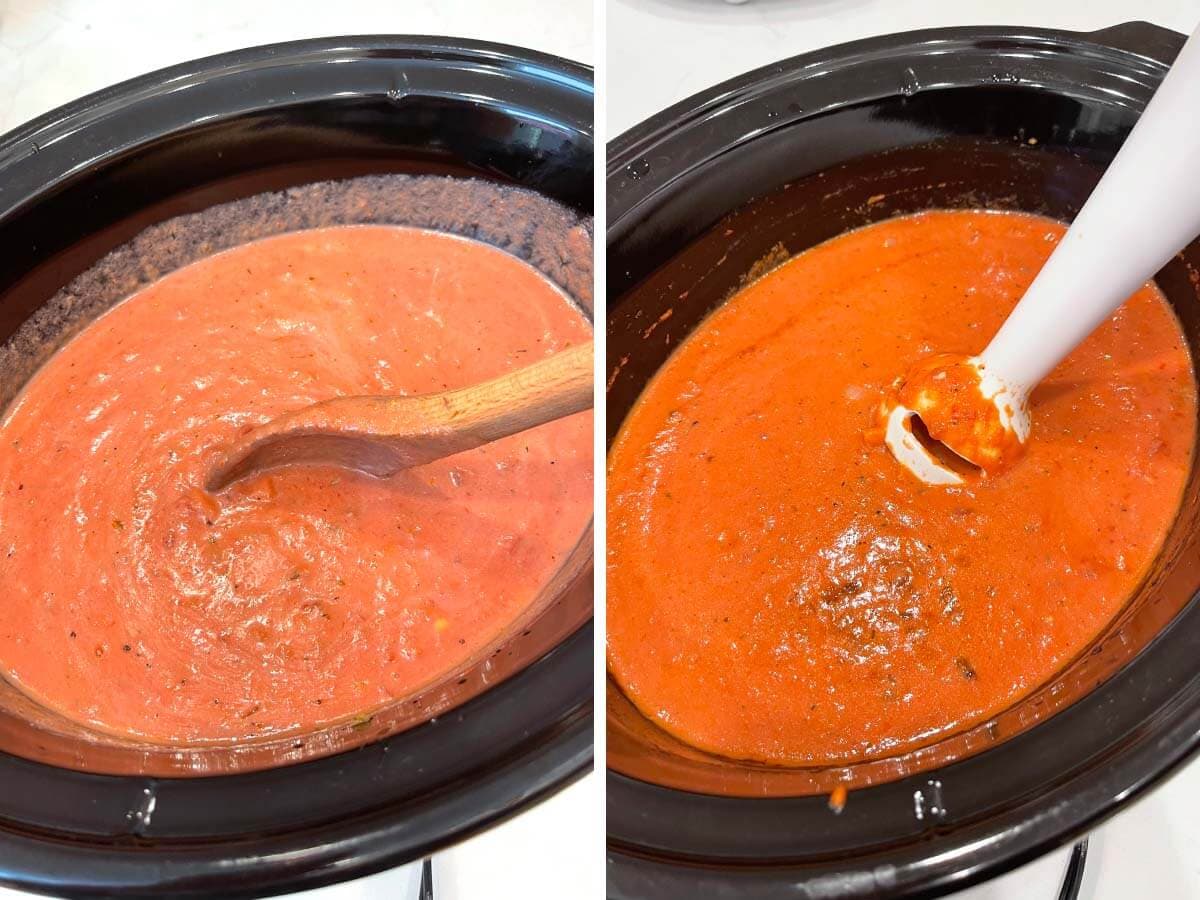 stirring soup mixture, immersion blender in tomato soup.