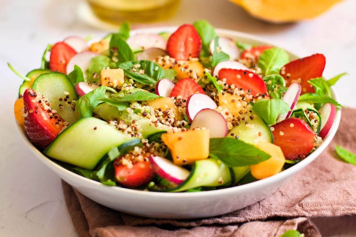 Summer Melon Salad in a bowl closeup.