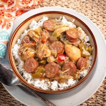 Slow Cooker Chicken Sausage Gumbo in a bowl.